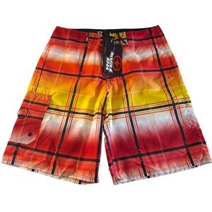 No Fear Board Shorts Men's 32 Striped Red Check Swim Trunks Cargo Pocket NWT